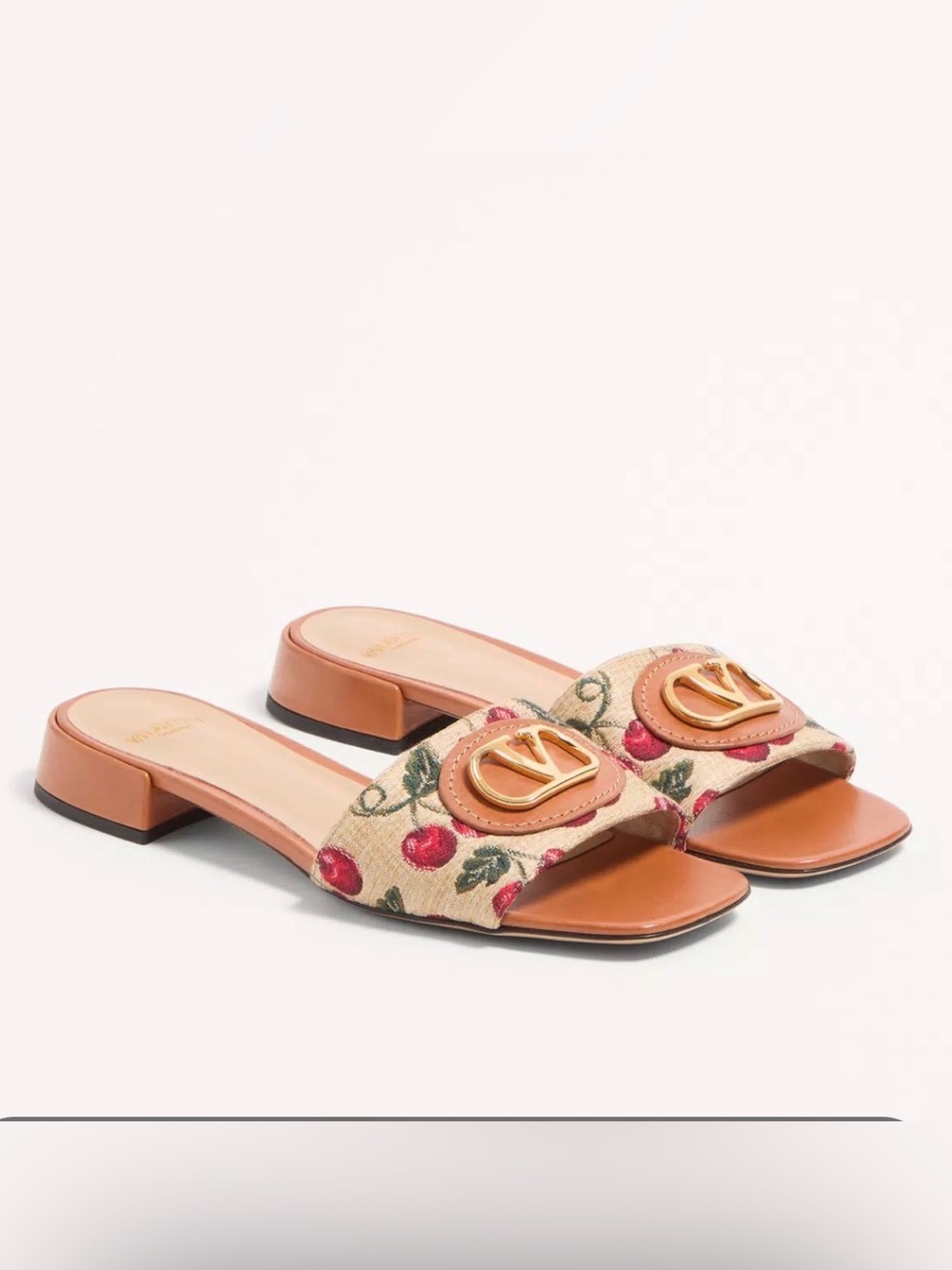 Valentino Garavani Tan Leather & Beige Cherry Embroidered Slide Mules